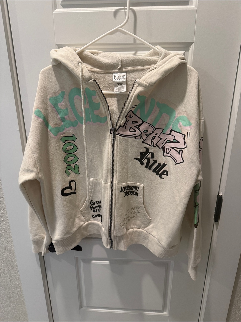 Unbranded Cream Graphic Varsity Zip Hoodie with Mint Accents